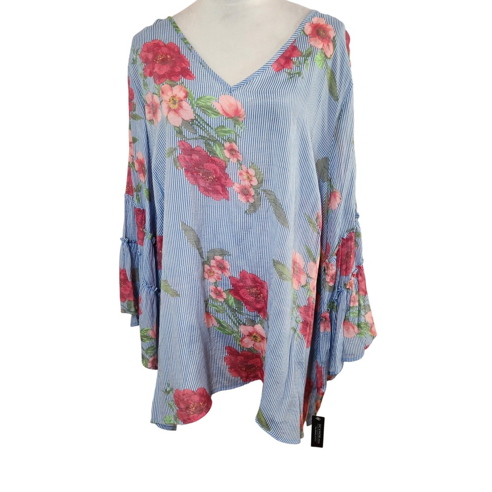 Zac & Rachel Woman 3X Blue‎ Red Striped Floral V-Neck Bell Sleeve Tunic Boho NWT